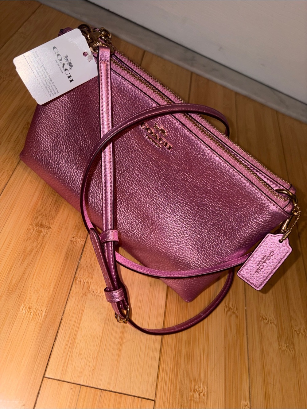 NWT Coach Lyla Metallic Tulip Pink Leather Double Zip Crossbody F39505
